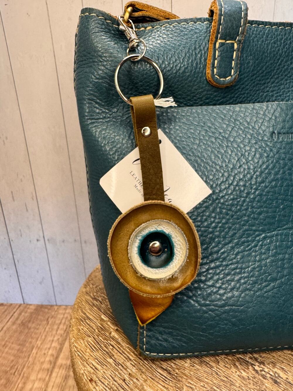 Genuine Leather Round Flower Purse Charm Brown Silver Blue Boho Bag Charm